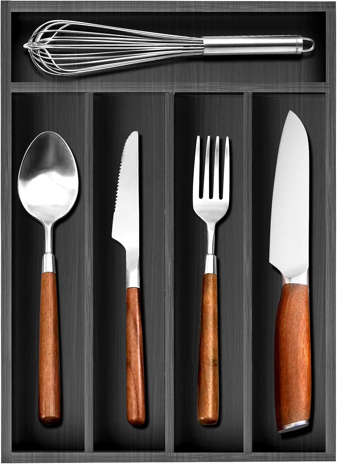 Black Small Kitchen Silverware Drawer Organizer Wooden Cutlery Utensil Tray