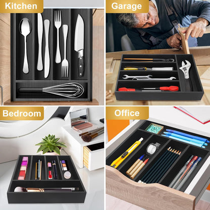 Black Small Kitchen Silverware Drawer Organizer Wooden Cutlery Utensil Tray