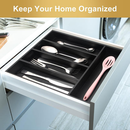 Black Small Kitchen Silverware Drawer Organizer Wooden Cutlery Utensil Tray