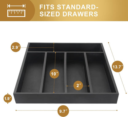 Black Small Kitchen Silverware Drawer Organizer Wooden Cutlery Utensil Tray