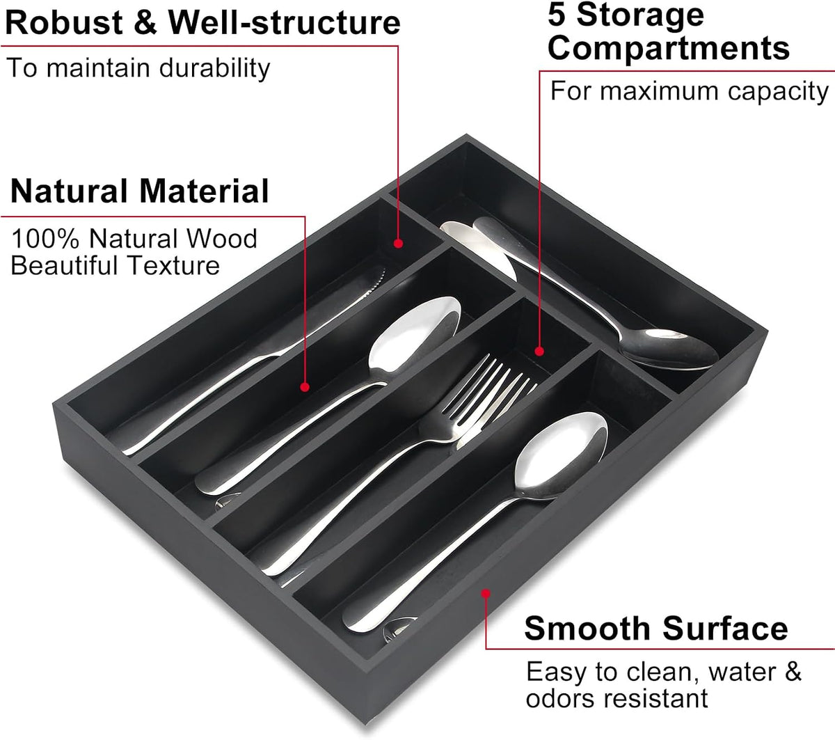 Black Small Kitchen Silverware Drawer Organizer Wooden Cutlery Utensil Tray