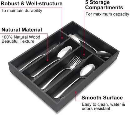 Black Small Kitchen Silverware Drawer Organizer Wooden Cutlery Utensil Tray