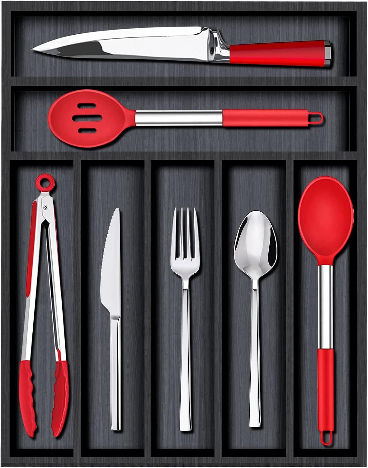 Black Small Kitchen Silverware Drawer Organizer Wooden Cutlery Utensil Tray