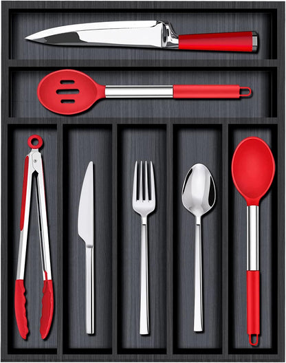 Black Small Kitchen Silverware Drawer Organizer Wooden Cutlery Utensil Tray