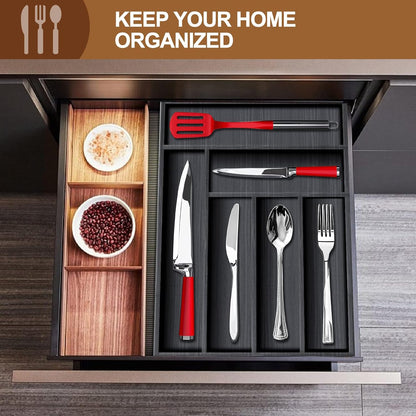 Black Small Kitchen Silverware Drawer Organizer Wooden Cutlery Utensil Tray