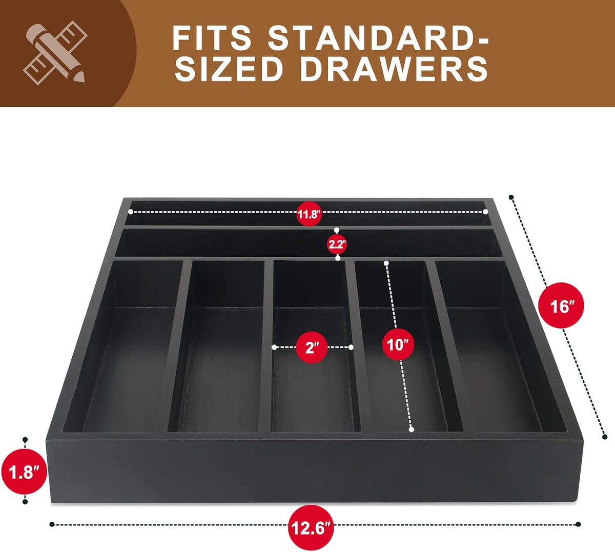Black Small Kitchen Silverware Drawer Organizer Wooden Cutlery Utensil Tray