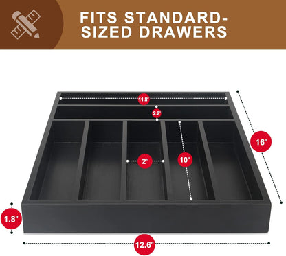 Black Small Kitchen Silverware Drawer Organizer Wooden Cutlery Utensil Tray