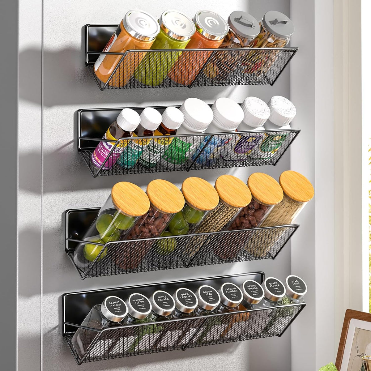 Magnetic Spice Rack 4-Pack for 32 Spices Jars, 14-16.5 inch Long Strong Magnetic Shelves, Space Saving Spice Organizer 45° Tilt for Refrigerator, No Drilling Home Kitchen Storage Shef