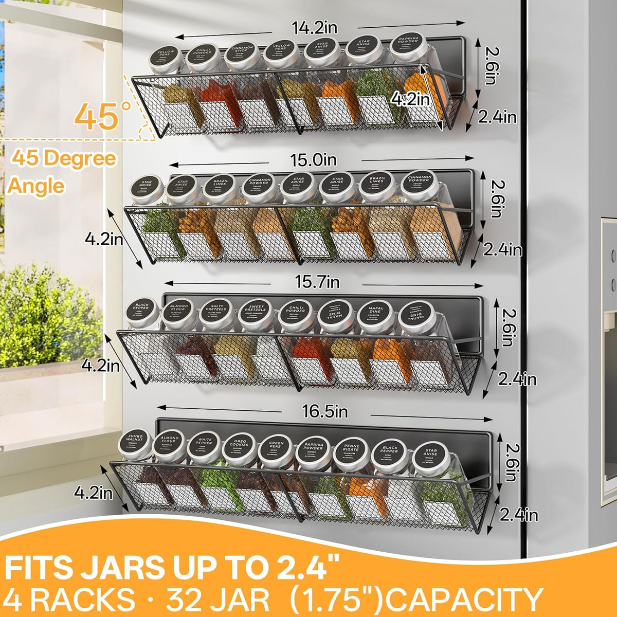 Magnetic Spice Rack 4-Pack for 32 Spices Jars, 14-16.5 inch Long Strong Magnetic Shelves, Space Saving Spice Organizer 45° Tilt for Refrigerator, No Drilling Home Kitchen Storage Shef
