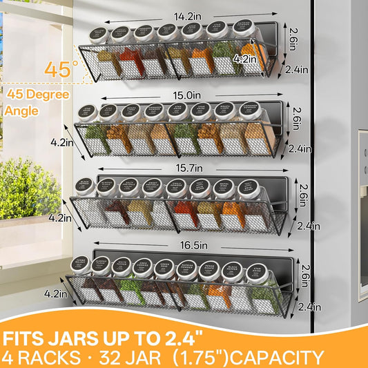 Magnetic Spice Rack 4-Pack for 32 Spices Jars, 14-16.5 inch Long Strong Magnetic Shelves, Space Saving Spice Organizer 45° Tilt for Refrigerator, No Drilling Home Kitchen Storage Shef