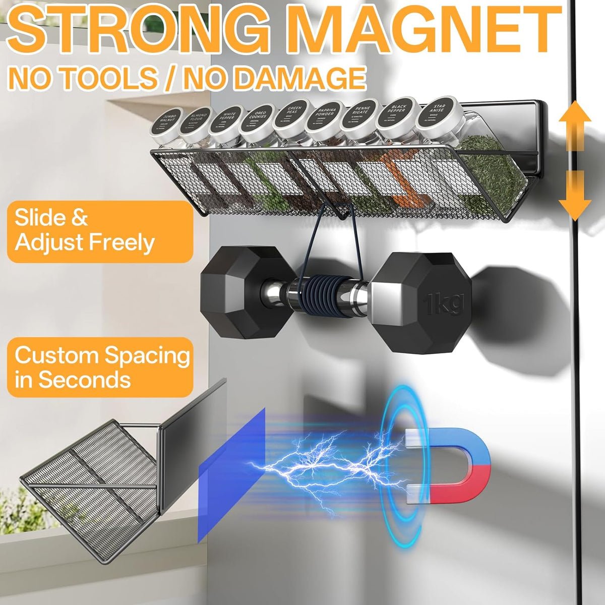 Magnetic Spice Rack 4-Pack for 32 Spices Jars, 14-16.5 inch Long Strong Magnetic Shelves, Space Saving Spice Organizer 45° Tilt for Refrigerator, No Drilling Home Kitchen Storage Shef