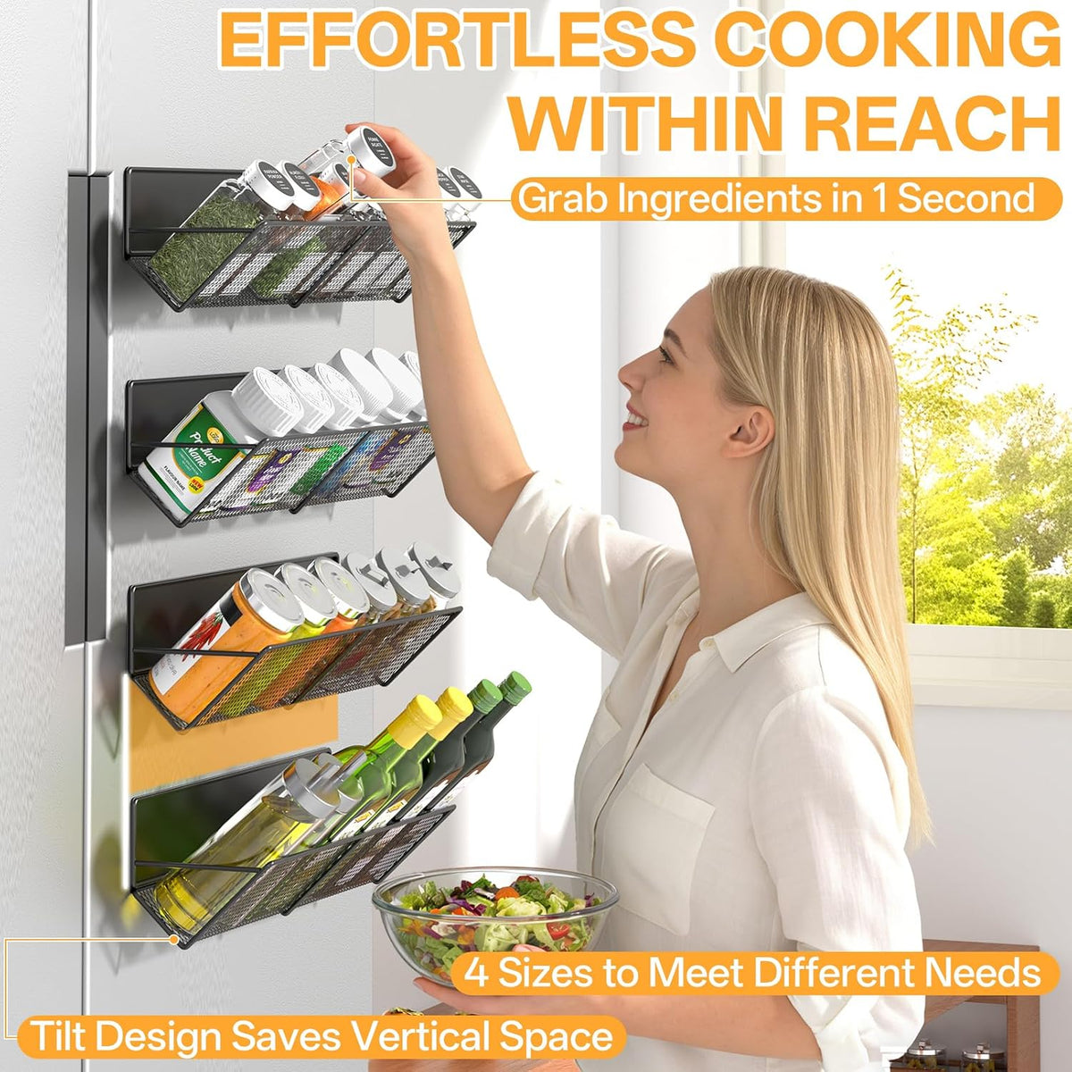 Magnetic Spice Rack 4-Pack for 32 Spices Jars, 14-16.5 inch Long Strong Magnetic Shelves, Space Saving Spice Organizer 45° Tilt for Refrigerator, No Drilling Home Kitchen Storage Shef