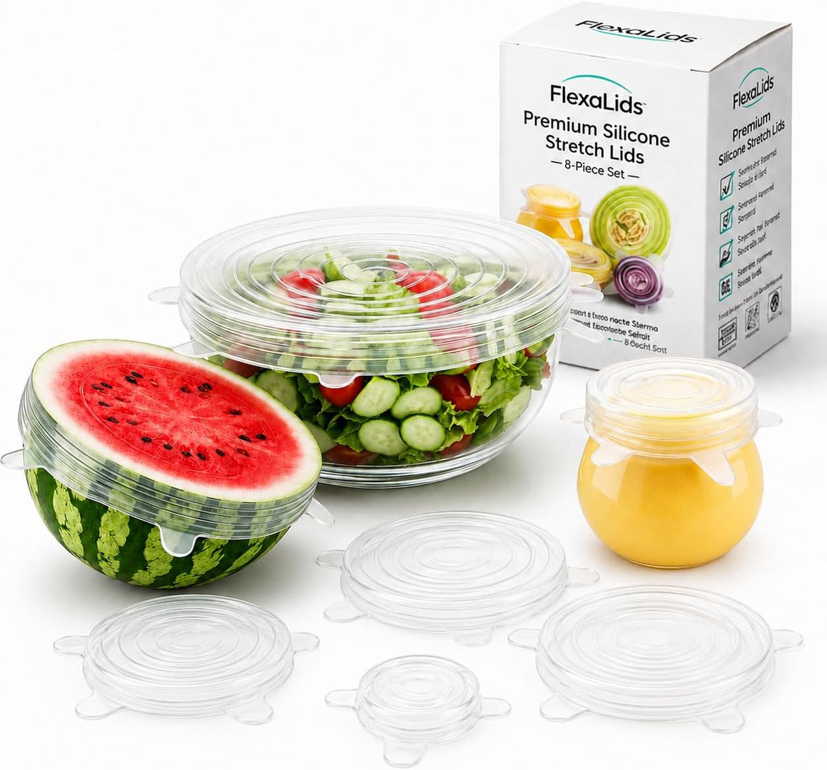 Premium 8-Piece Silicone Stretch Lid Set with Extra Large 11” Cover – Reusable BPA-Free Eco-Friendly Bowl Covers – Universal Airtight Leak-Proof Seal for Pots, Bowls & Fruit