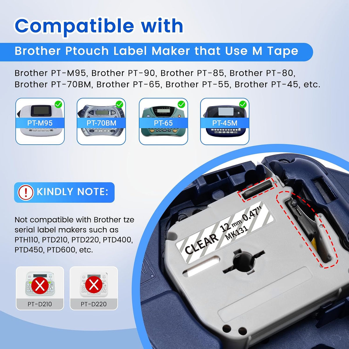 M-K231 Replace for M-K231s Brother M Tape 12mm 0.47 White P Touch | M-231 M231 PTM95 Label Tape White for Brother PT-M95 PT-65 PT-45 PT-80 PT-70 PT-90 Ptouch Label Maker Refills