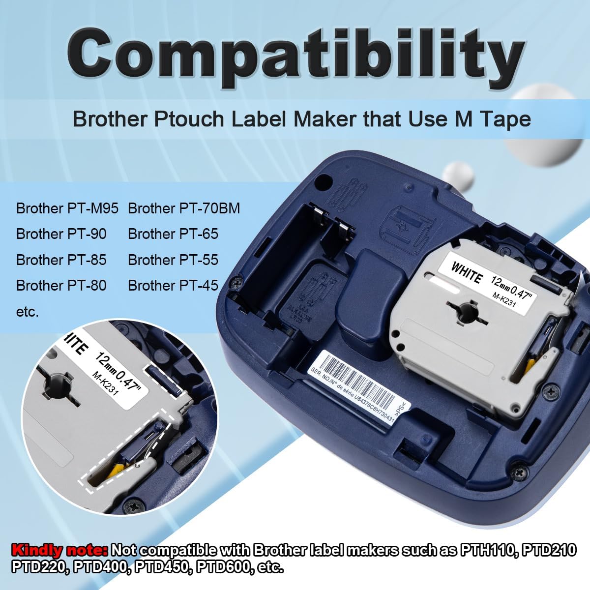 M-K231 Replace for M-K231s Brother M Tape 12mm 0.47 White P Touch | M-231 M231 PTM95 Label Tape White for Brother PT-M95 PT-65 PT-45 PT-80 PT-70 PT-90 Ptouch Label Maker Refills