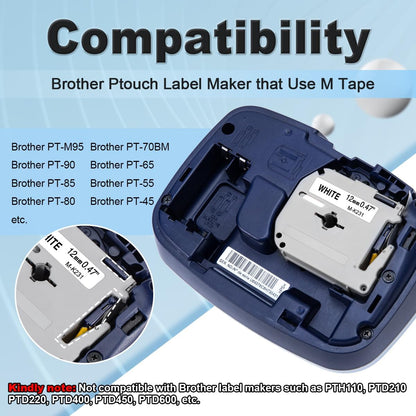 M-K231 Replace for M-K231s Brother M Tape 12mm 0.47 White P Touch | M-231 M231 PTM95 Label Tape White for Brother PT-M95 PT-65 PT-45 PT-80 PT-70 PT-90 Ptouch Label Maker Refills
