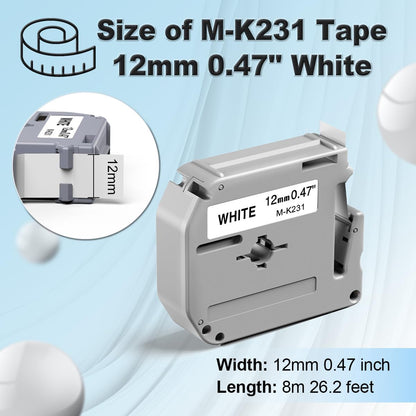 M-K231 Replace for M-K231s Brother M Tape 12mm 0.47 White P Touch | M-231 M231 PTM95 Label Tape White for Brother PT-M95 PT-65 PT-45 PT-80 PT-70 PT-90 Ptouch Label Maker Refills