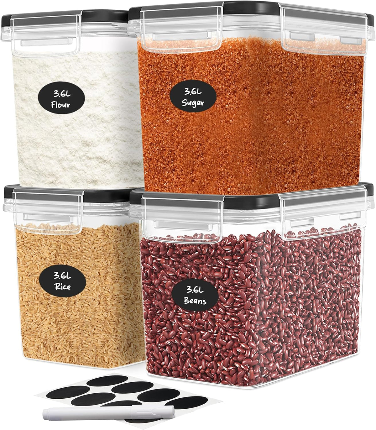 Extra Large Flour and Sugar Storage Containers 6.5L/220 Fl. oz; Set of 2 Plastic Bulk Airtight Food Storage Rice Containers With Lids - Kitchen Pantry Organizer and Storage Canisters, Marker & Labels
