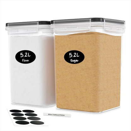 Extra Large Flour and Sugar Storage Containers 6.5L/220 Fl. oz; Set of 2 Plastic Bulk Airtight Food Storage Rice Containers With Lids - Kitchen Pantry Organizer and Storage Canisters, Marker & Labels