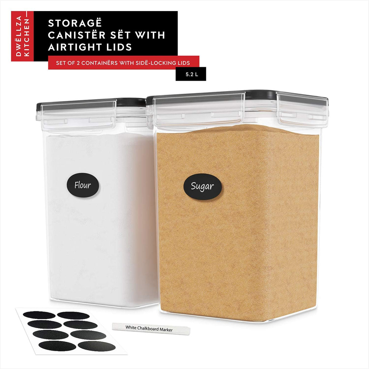 Extra Large Flour and Sugar Storage Containers 6.5L/220 Fl. oz; Set of 2 Plastic Bulk Airtight Food Storage Rice Containers With Lids - Kitchen Pantry Organizer and Storage Canisters, Marker & Labels