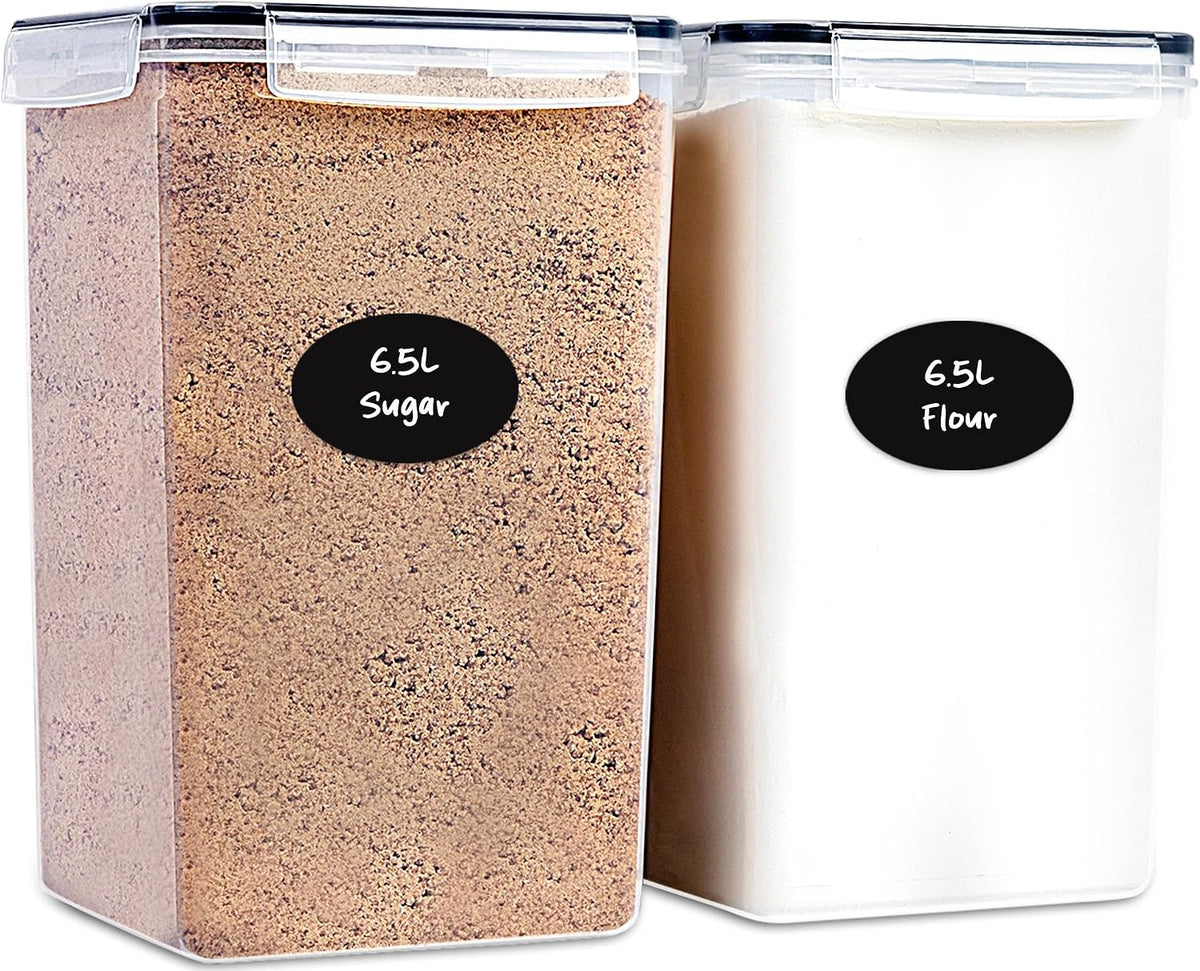 Extra Large Flour and Sugar Storage Containers 6.5L/220 Fl. oz; Set of 2 Plastic Bulk Airtight Food Storage Rice Containers With Lids - Kitchen Pantry Organizer and Storage Canisters, Marker & Labels