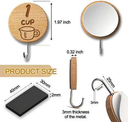 Measuring Cup and Spoon Organizer,14 Pack Adhesive Wood Hooks for Hanging with 2 Kitchen Conversion Chart Stickers,14 Pack adhesive magnetic sheets, measuring cup hooks for inside cabinet door