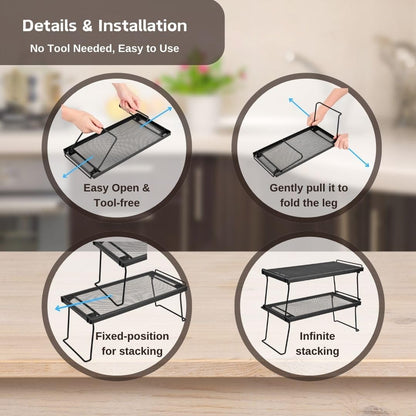 Stackable Cabinet Shelf Organizer, Set of 2 Metal Shelves (Black)