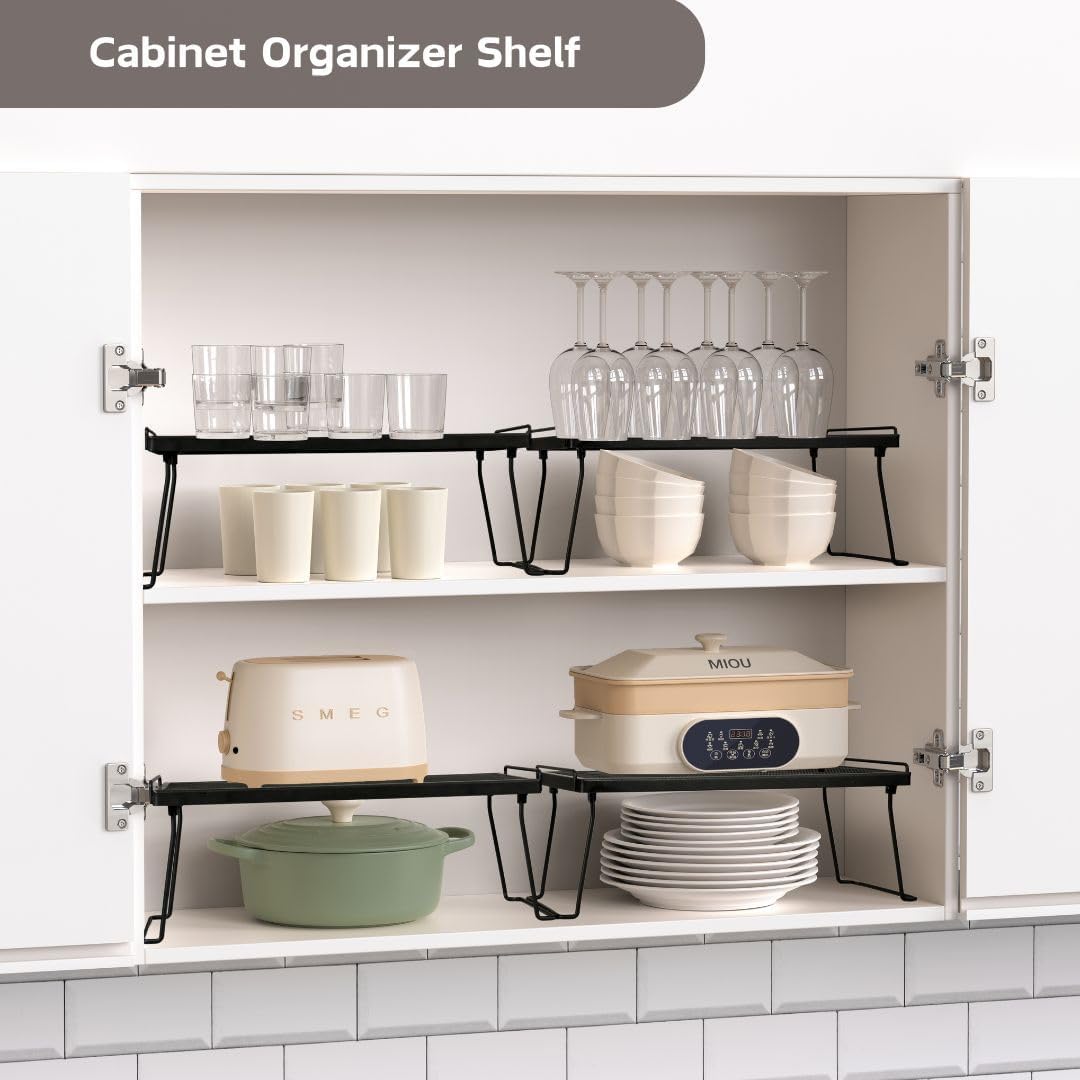 Stackable Cabinet Shelf Organizer, Set of 2 Metal Shelves (Black)