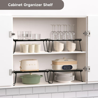 Stackable Cabinet Shelf Organizer, Set of 2 Metal Shelves (Black)