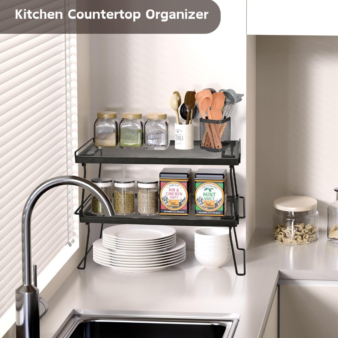 Stackable Cabinet Shelf Organizer, Set of 2 Metal Shelves (Black)
