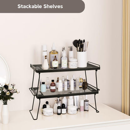 Stackable Cabinet Shelf Organizer, Set of 2 Metal Shelves (Black)