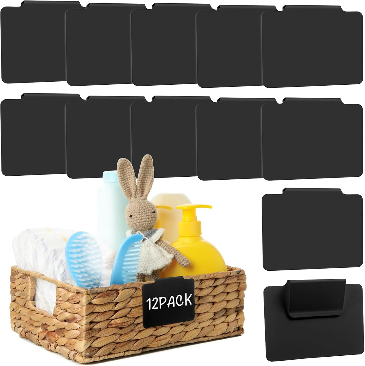 12pcs Black Basket Labels Removable PVC Labels | Clip On for Storage Bins, Removable PVC Labels for Baskets with Holders, 3.5x2.7 Inches