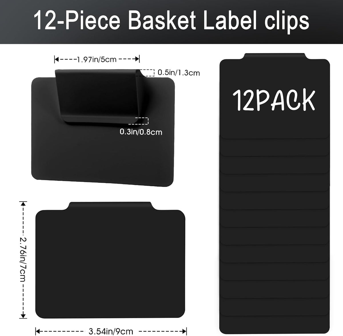 12pcs Black Basket Labels Removable PVC Labels | Clip On for Storage Bins, Removable PVC Labels for Baskets with Holders, 3.5x2.7 Inches