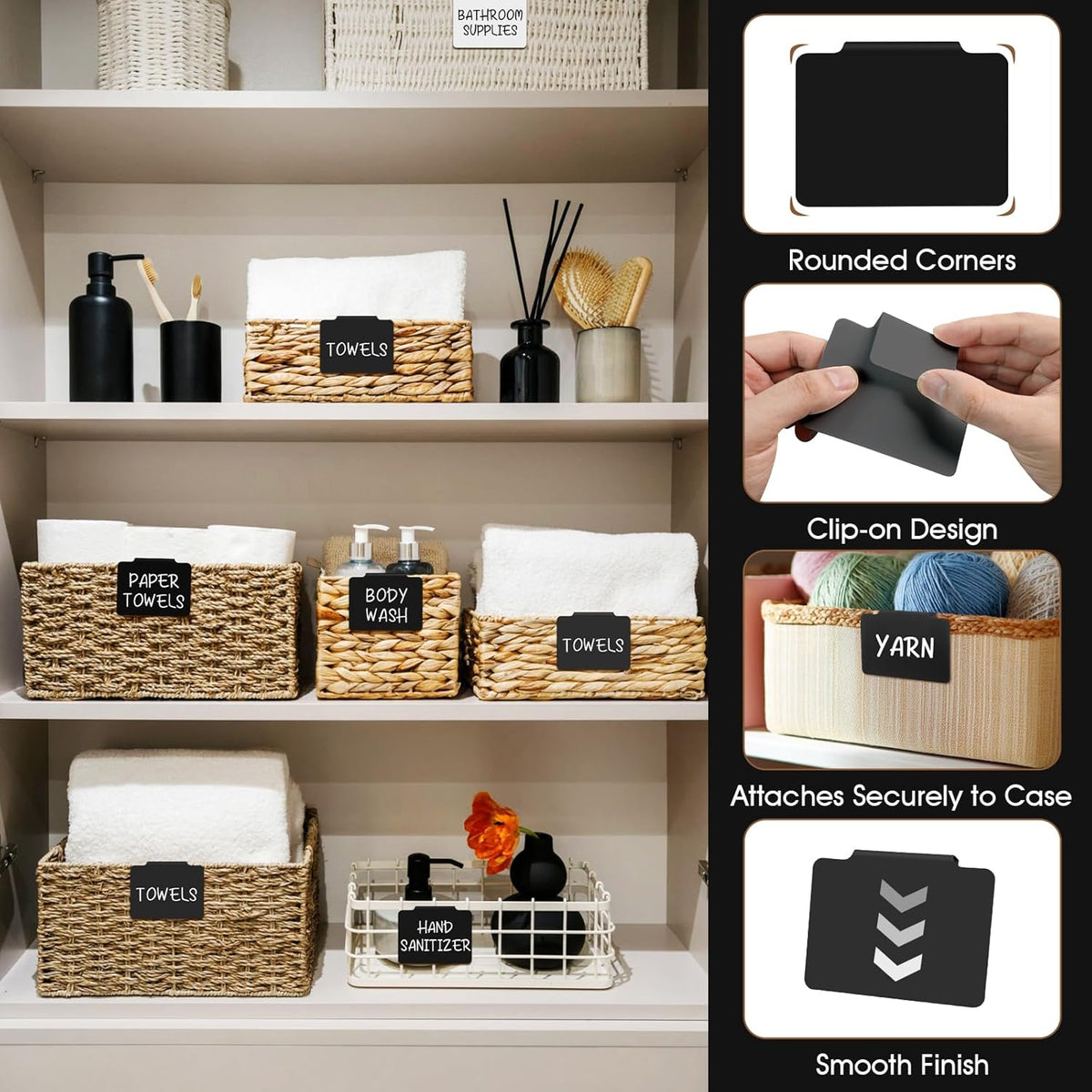 12pcs Black Basket Labels Removable PVC Labels | Clip On for Storage Bins, Removable PVC Labels for Baskets with Holders, 3.5x2.7 Inches