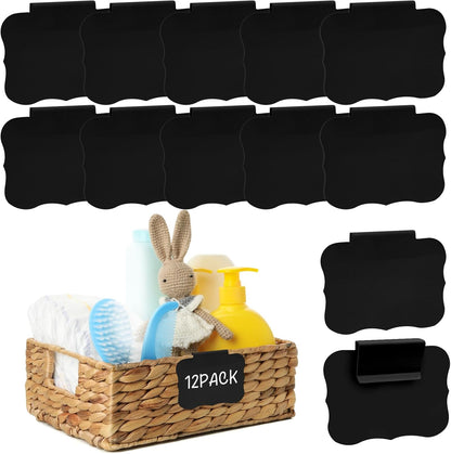 12pcs Black Basket Labels Removable PVC Labels | Clip On for Storage Bins, Removable PVC Labels for Baskets with Holders, 3.5x2.7 Inches