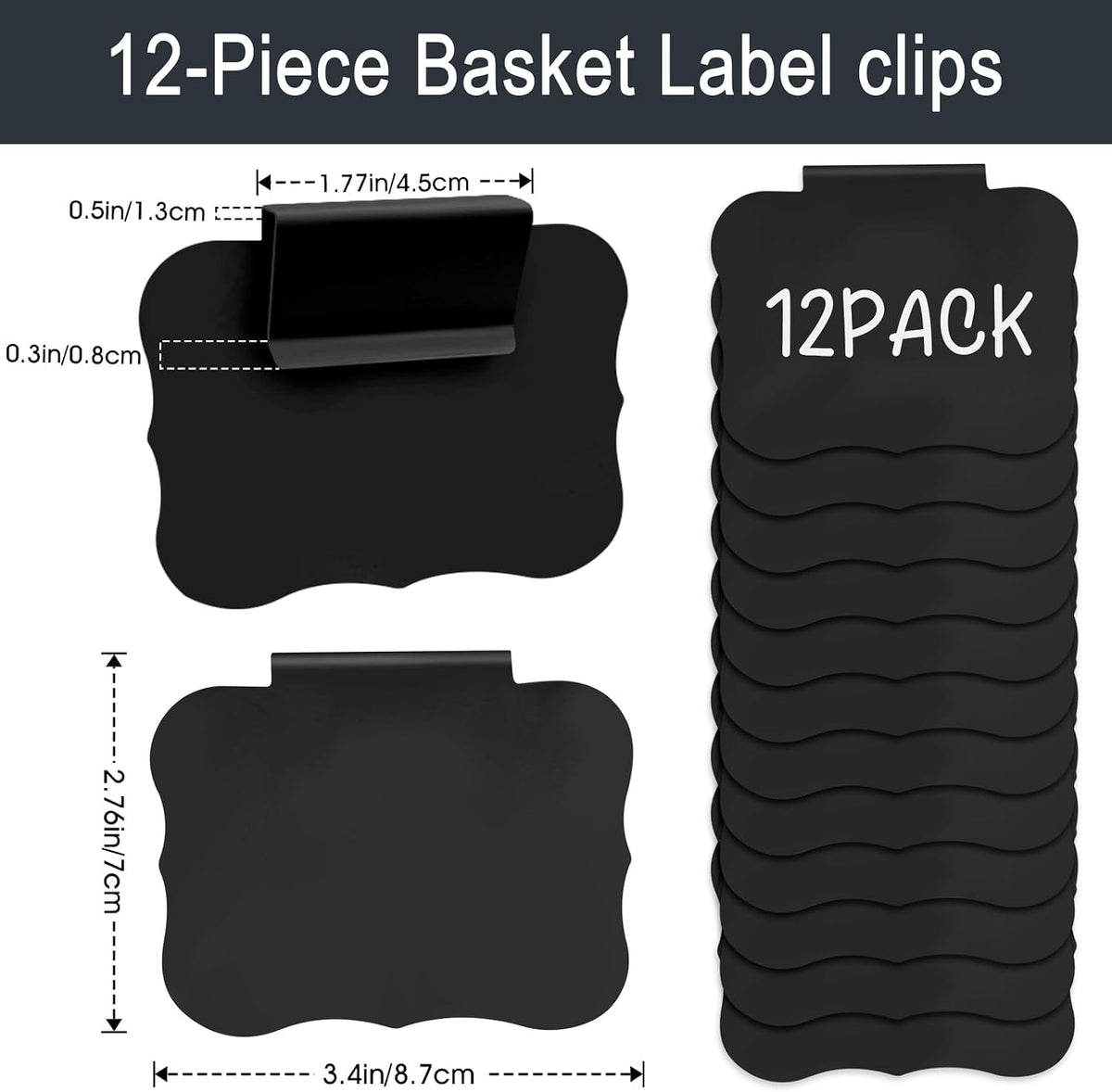12pcs Black Basket Labels Removable PVC Labels | Clip On for Storage Bins, Removable PVC Labels for Baskets with Holders, 3.5x2.7 Inches