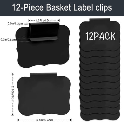12pcs Black Basket Labels Removable PVC Labels | Clip On for Storage Bins, Removable PVC Labels for Baskets with Holders, 3.5x2.7 Inches
