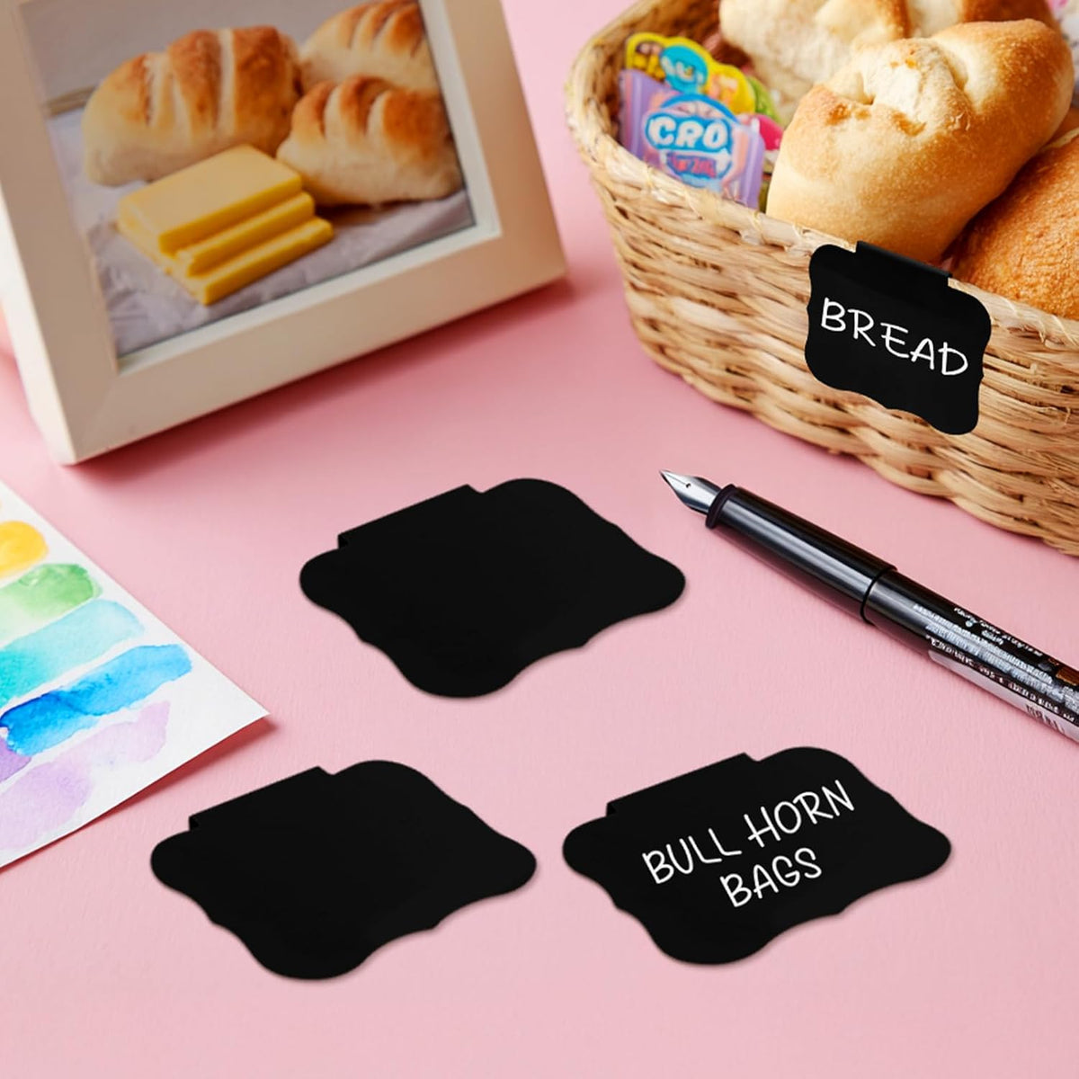 12pcs Black Basket Labels Removable PVC Labels | Clip On for Storage Bins, Removable PVC Labels for Baskets with Holders, 3.5x2.7 Inches