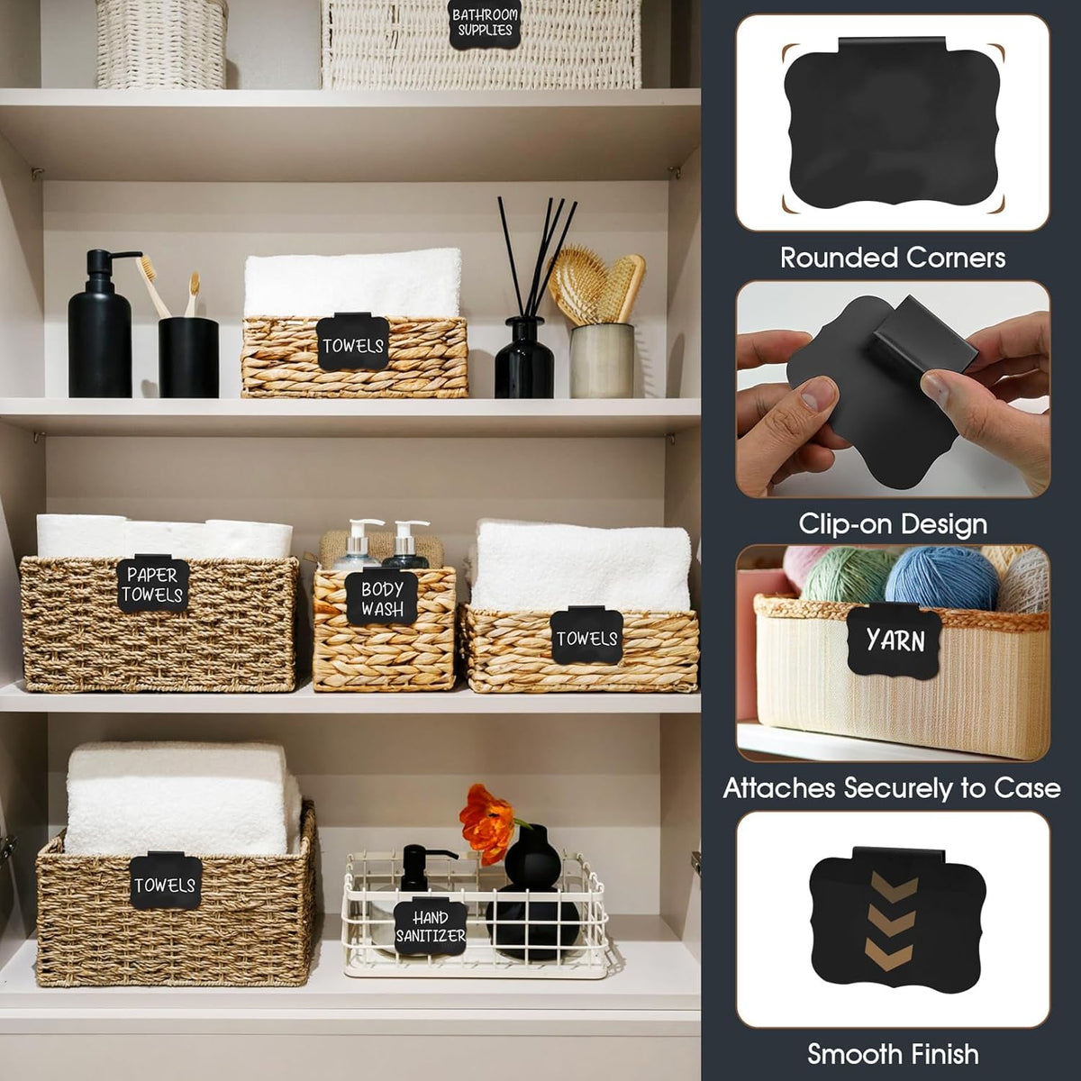 12pcs Black Basket Labels Removable PVC Labels | Clip On for Storage Bins, Removable PVC Labels for Baskets with Holders, 3.5x2.7 Inches