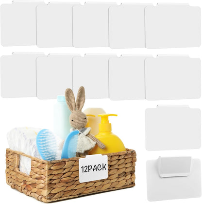 12pcs Black Basket Labels Removable PVC Labels | Clip On for Storage Bins, Removable PVC Labels for Baskets with Holders, 3.5x2.7 Inches
