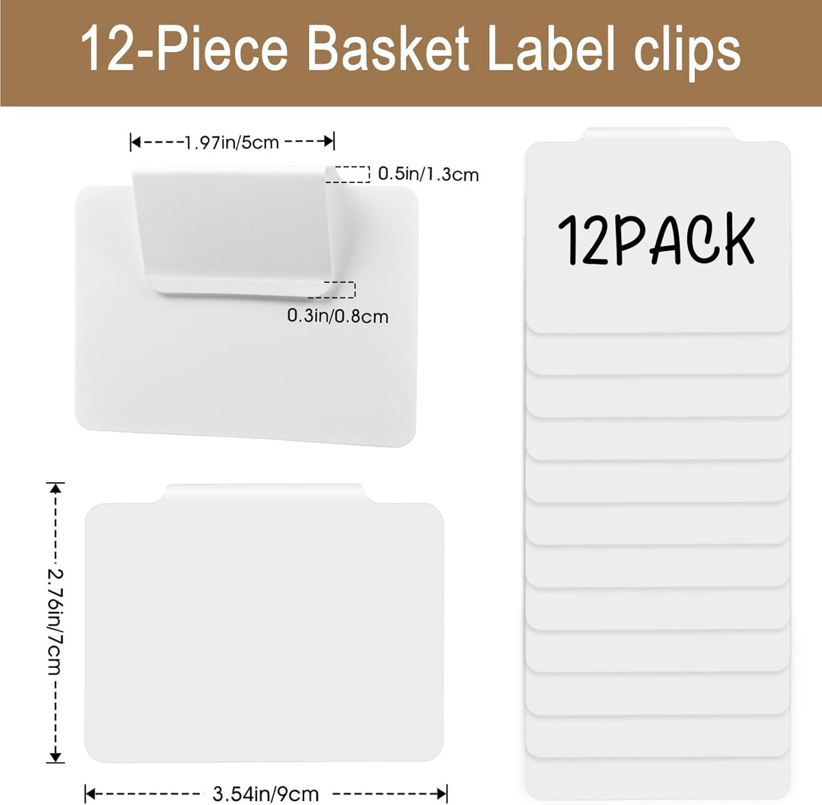 12pcs Black Basket Labels Removable PVC Labels | Clip On for Storage Bins, Removable PVC Labels for Baskets with Holders, 3.5x2.7 Inches