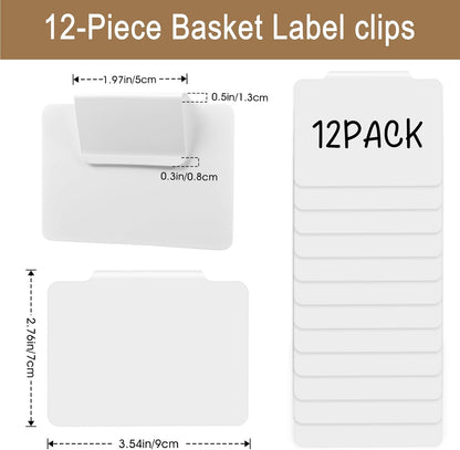 12pcs Black Basket Labels Removable PVC Labels | Clip On for Storage Bins, Removable PVC Labels for Baskets with Holders, 3.5x2.7 Inches