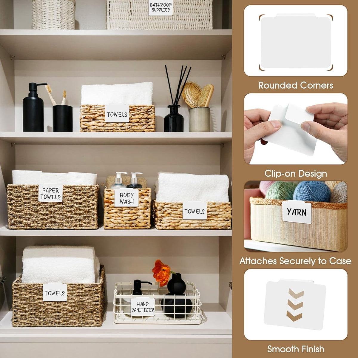 12pcs Black Basket Labels Removable PVC Labels | Clip On for Storage Bins, Removable PVC Labels for Baskets with Holders, 3.5x2.7 Inches