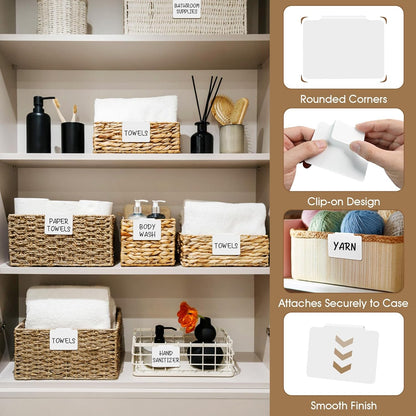 12pcs Black Basket Labels Removable PVC Labels | Clip On for Storage Bins, Removable PVC Labels for Baskets with Holders, 3.5x2.7 Inches