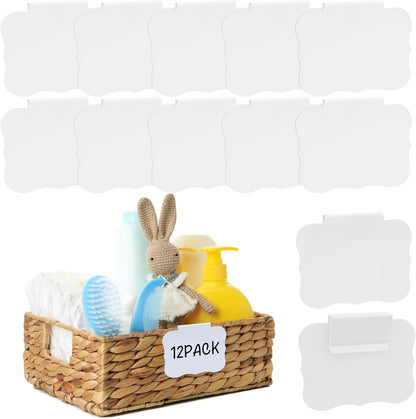 12pcs Black Basket Labels Removable PVC Labels | Clip On for Storage Bins, Removable PVC Labels for Baskets with Holders, 3.5x2.7 Inches