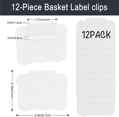 12pcs Black Basket Labels Removable PVC Labels | Clip On for Storage Bins, Removable PVC Labels for Baskets with Holders, 3.5x2.7 Inches