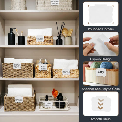 12pcs Black Basket Labels Removable PVC Labels | Clip On for Storage Bins, Removable PVC Labels for Baskets with Holders, 3.5x2.7 Inches