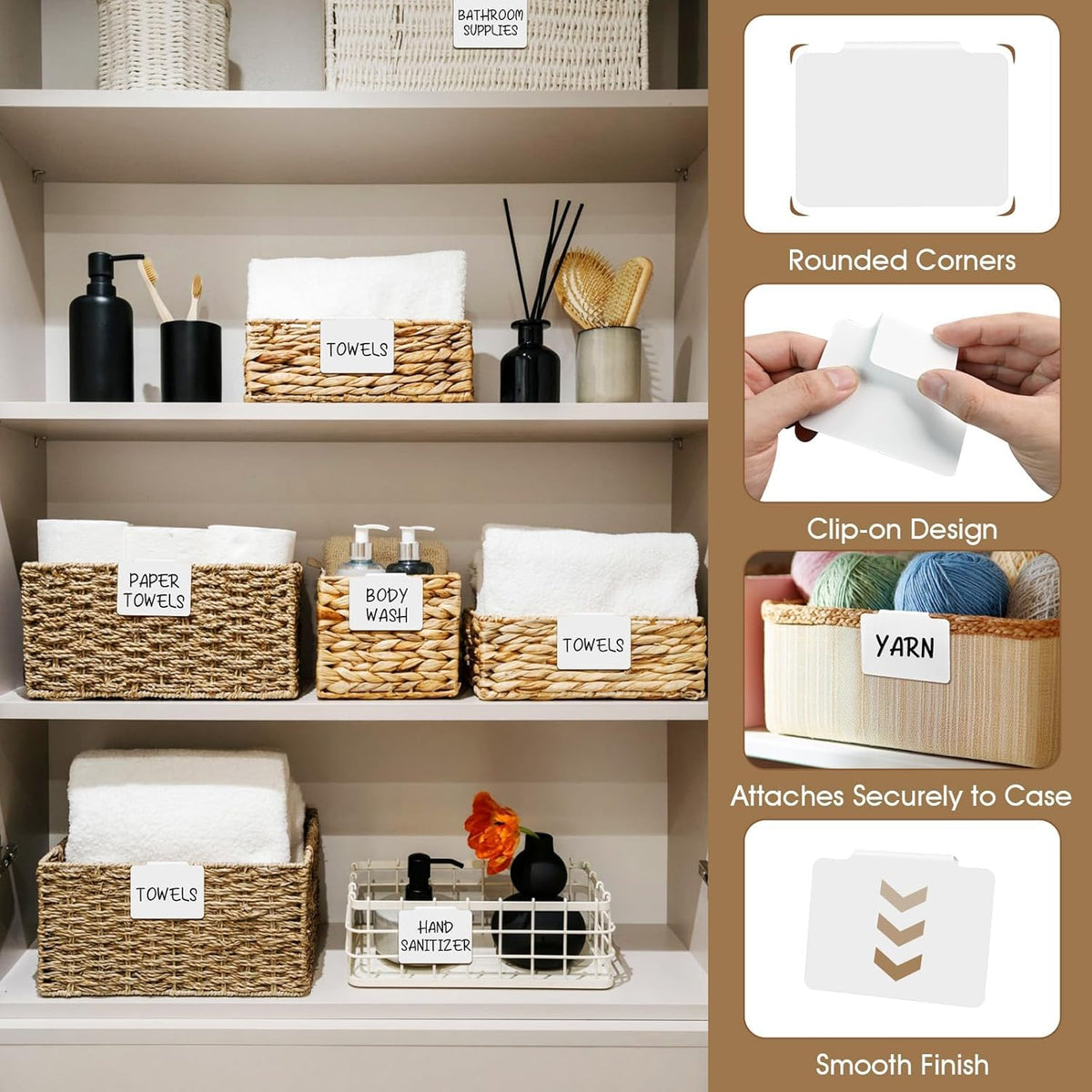 12pcs Black Basket Labels Removable PVC Labels | Clip On for Storage Bins, Removable PVC Labels for Baskets with Holders, 3.5x2.7 Inches