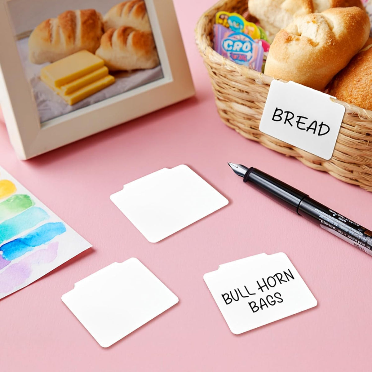 12pcs Black Basket Labels Removable PVC Labels | Clip On for Storage Bins, Removable PVC Labels for Baskets with Holders, 3.5x2.7 Inches