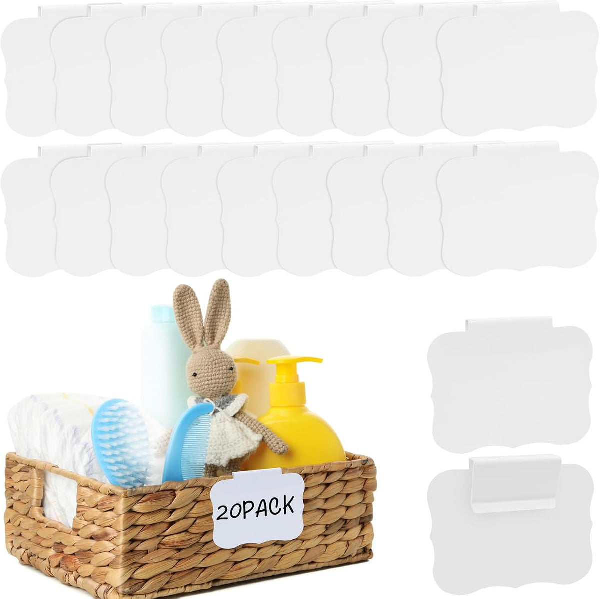 12pcs Black Basket Labels Removable PVC Labels | Clip On for Storage Bins, Removable PVC Labels for Baskets with Holders, 3.5x2.7 Inches